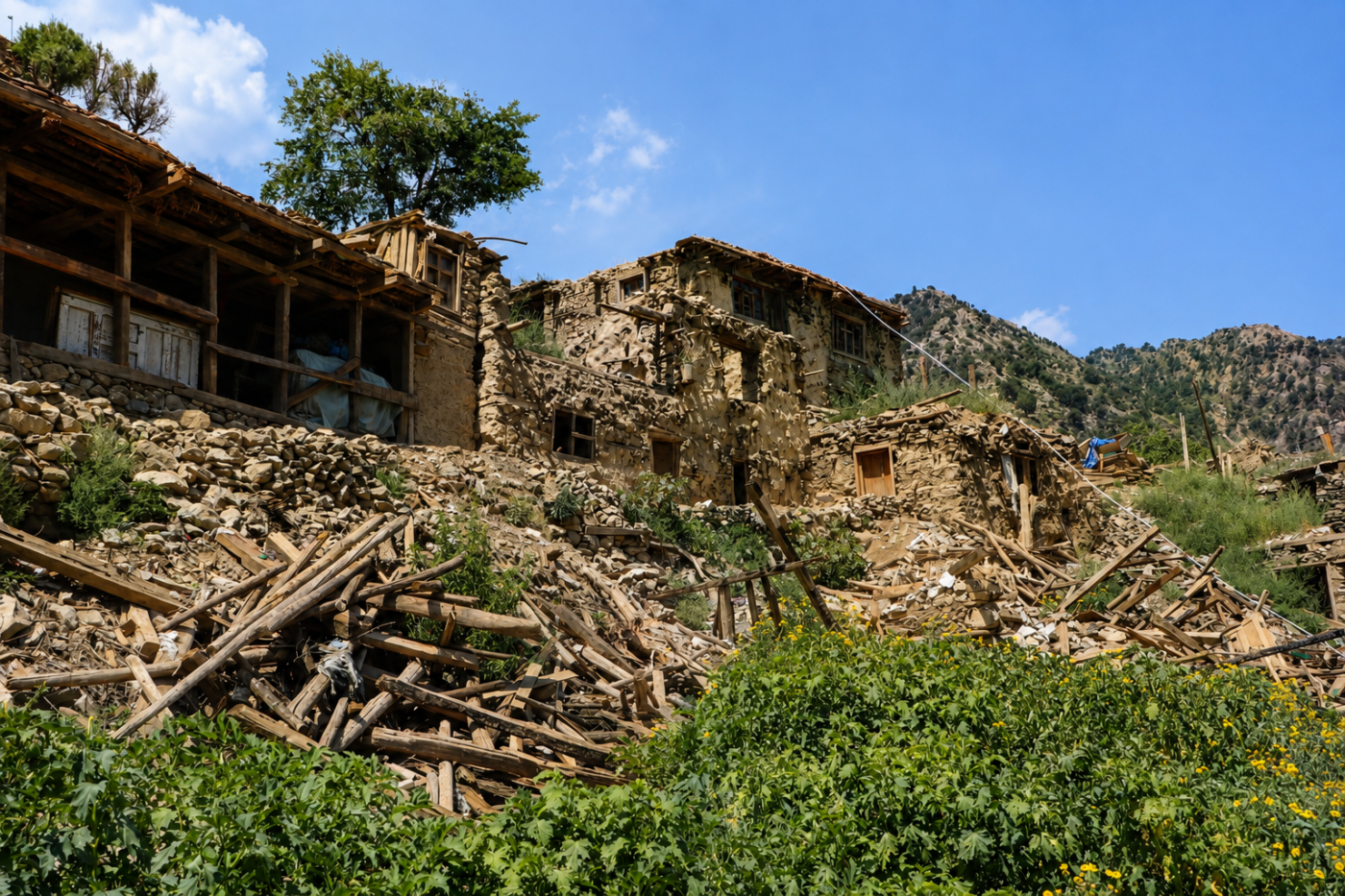 Damaged stone and mud houses surrounded by rubble, broken wooden beams and green vegetation in Arrit Valley, Kunar, Afghanistan.